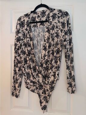 NWOT Free People Black Floral Wrap Surplice Bodysuit on Cream. XL